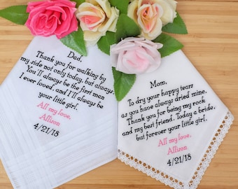 Set of 2 Embroidered Handkerchiefs. Mother and Father of the Bride Handkerchiefs. Personalized Handkerchiefs gifts for Parents Hankies