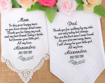 Gift Set of Embroidered Wedding Handkerchiefs for Mother -Father of the Bride Handkerchief-Personalized Wedding Gift for Parents Custom Gift