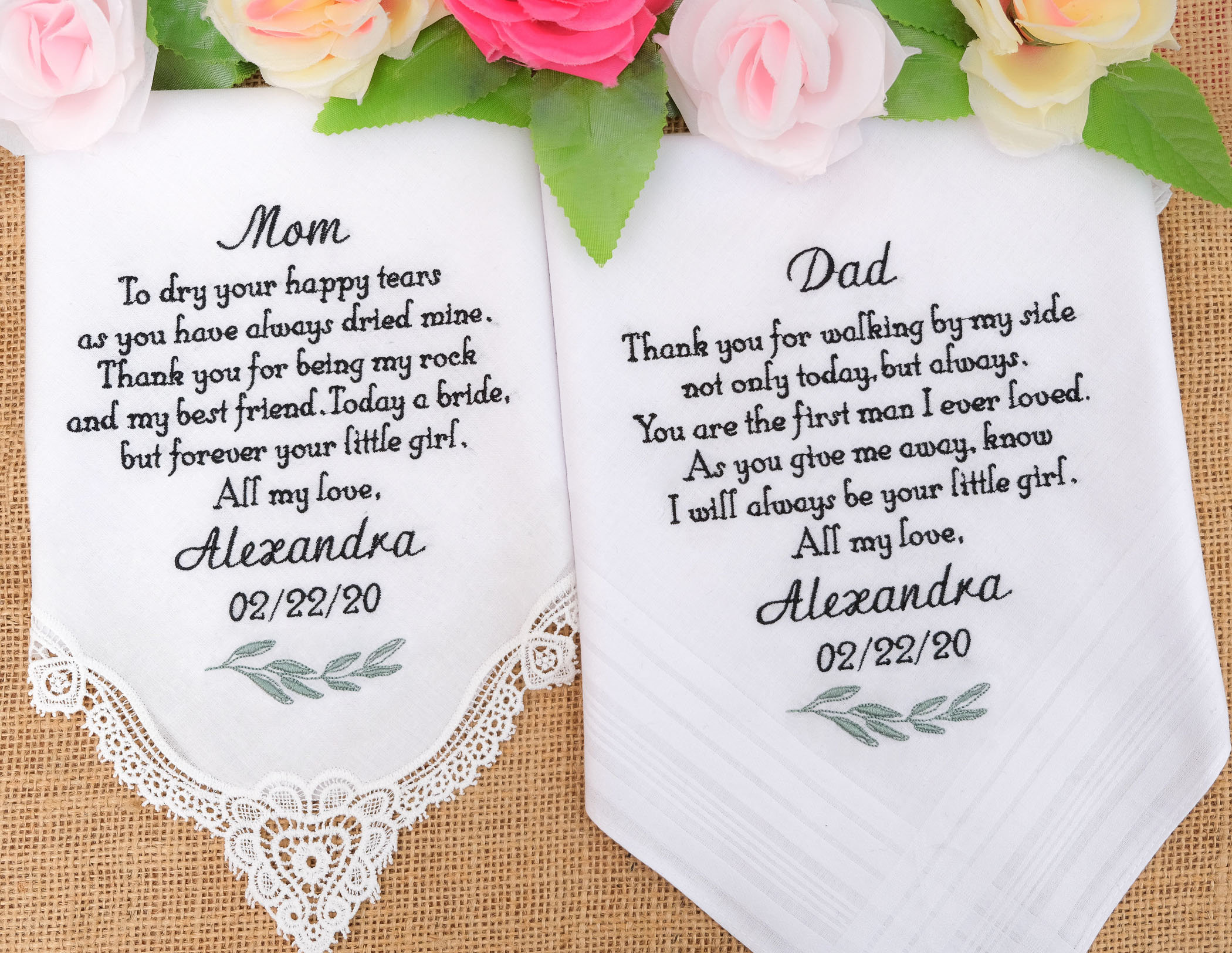 Wedding Keepsakes Father of the Bride and Mother of the Bride Wedding Handkerchief  gift set,personalized  wedding hankerchiefs