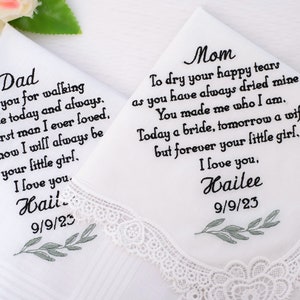 Wedding Handkerchiefs/Embroidered Handkerchiefs/Personalized Handkerchiefs/Wedding Gifts for Mother and Father from Bride for Parents Hankie