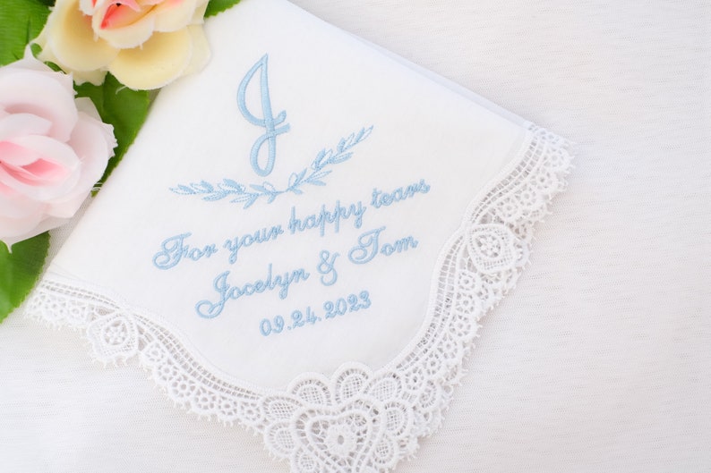 Something Blue Gift for Bride/Wedding Monogram/Bridal handkerchief/Personalized hanky/Wedding favors gifts/Gift For happy tears/Embroidered image 9