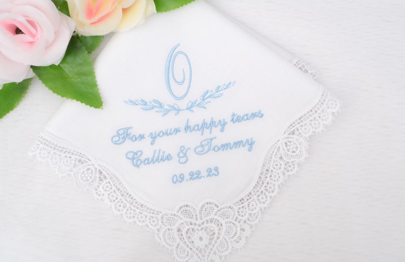 Something Blue Gift for Bride/Wedding Monogram/Bridal handkerchief/Personalized hanky/Wedding favors gifts/Gift For happy tears/Embroidered image 8