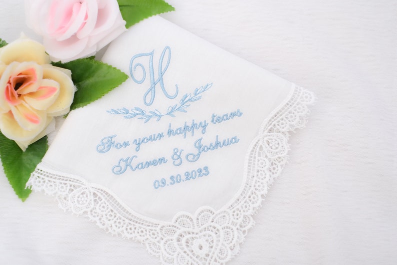 Something Blue Gift for Bride/Wedding Monogram/Bridal handkerchief/Personalized hanky/Wedding favors gifts/Gift For happy tears/Embroidered image 1