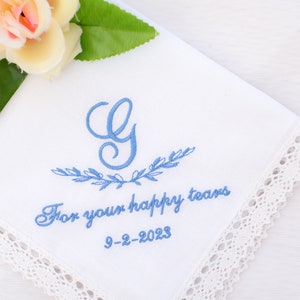 Something Blue Gift for Bride/Wedding Monogram/Bridal handkerchief/Personalized hanky/Wedding favors gifts/Gift For happy tears/Embroidered image 7