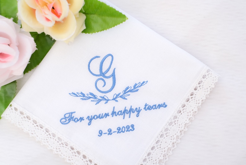 Something Blue Gift for Bride/Wedding Monogram/Bridal handkerchief/Personalized hanky/Wedding favors gifts/Gift For happy tears/Embroidered image 7