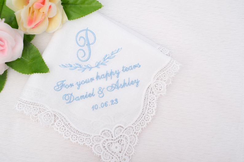 Something Blue Gift for Bride/Wedding Monogram/Bridal handkerchief/Personalized hanky/Wedding favors gifts/Gift For happy tears/Embroidered image 10