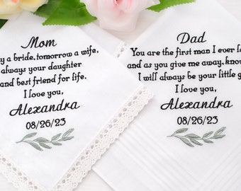 Gift for Wedding Personalized Gifts for parents/Embroidered Wedding handkerchiefs for Father of the bride gift Mother of the bride hankies