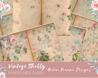 Junk Journal "Vintage Shabby Floral" Digital Junk Journal Pages / 8 Junk Journaling Pages / Printable Journal / Shabby Chic Vintage