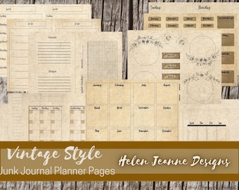 Undated Vintage Style 12 Page  Junk Journal Planner Kit - Altered Book Planning Kit