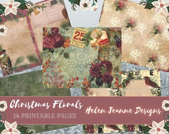 Christmas Florals Digital Junk Journal Kit / Christmas Junk Journaling Pages and Ephemera/ Journal Papers / Paper Craft Printables