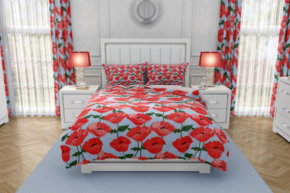 Red Poppy Duvet Cover Shams Floral Watercolor Bedding Etsy