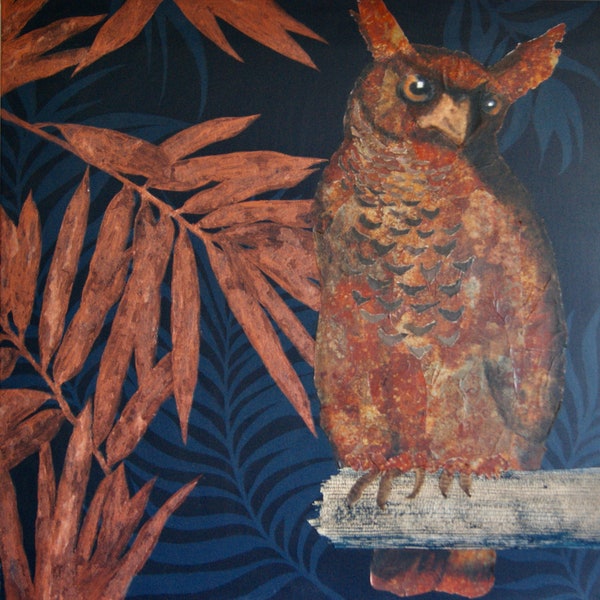 Original painting mixed media collage of an owl on canvas