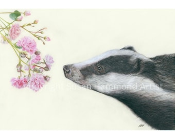 Original badger with pink roses wall art