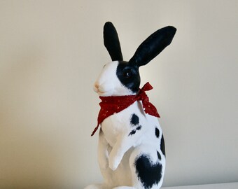Black and white rabbit with bandana paper mache sculpture