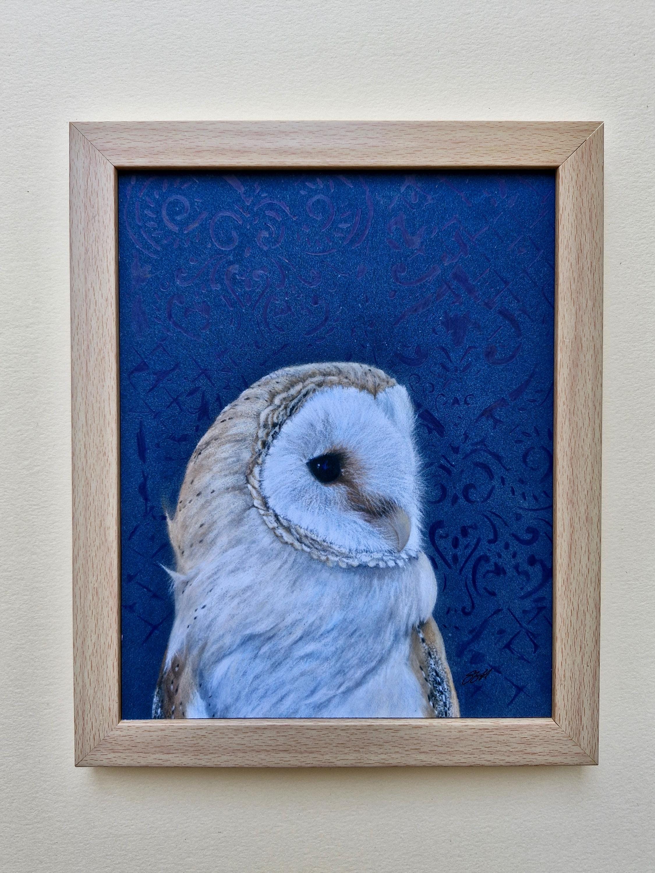 Framed hand embellished barn owl giclee print