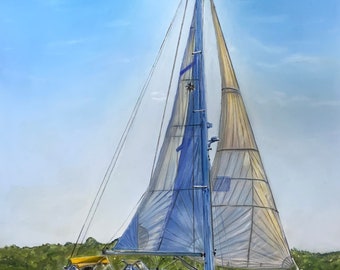 Sailing boat, yacht pastel painting in mount ,unframed