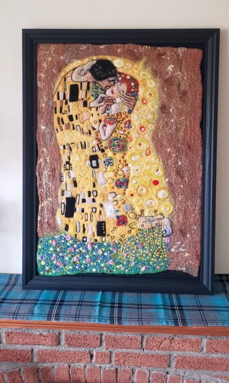 The Kiss of Klimt,wet and needle felted picture image 4