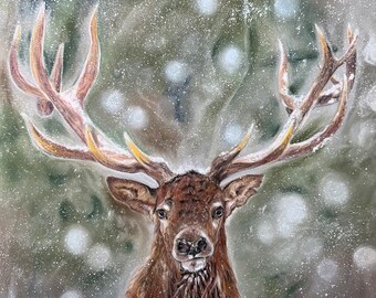 Stag in the snow , soft pastels on Pastelmat original artwork
