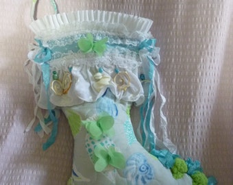 Handmade Seashell Christmas Stocking, Turquoise Coastal Decor