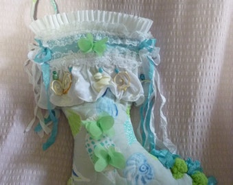 Handmade Nautical Christmas Stocking -Sea Shell,  Beach Theme Lovely  Gift,  Holiday Decoration,  Aqua, Green, White