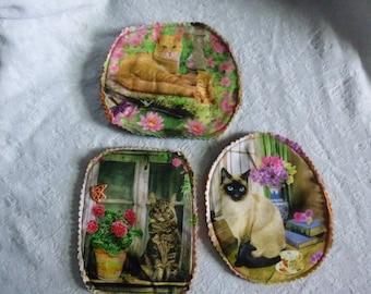 Cat Quilted Fabric Magnets, Siamese, Tabby, Kitten, Set of 3