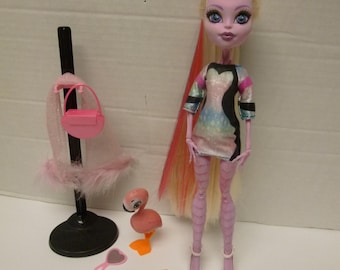 OOAK Monster High Fleur Flamingo with Pink Pet Bird, Stand, Shrimp Sushi