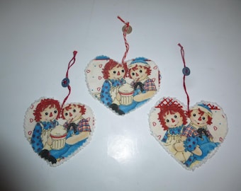 Raggedy Ann and Andy Fabric Ornaments, Vintage Heart Ornaments, Set of 3
