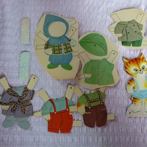 Vintage Cat Paper Doll Orange Tiger Boy Doll; Cut Out Kitty; Raincoat, Snowsuit, PJs, Play Clothes; Whitman 1963; Frameable; Cat Lover Gift;