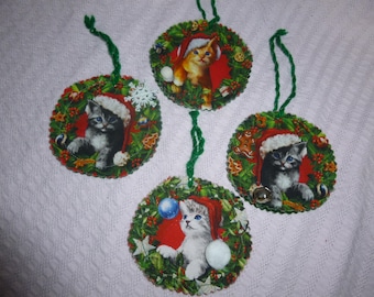 Kitten Christmas Wreath Ornaments,  Gift for Cat Lover; Pet Parent; Co Worker; Gray Cat; Orange Cat;  Cat in Santa Hat; Feline Fabric;