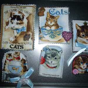 Set of Victorian Cat Fabric Magnets.  Christmas Gift for Cat Lover; Nostalgic Kitten Ads; Kitty Advertisements; Vintage Cat Images