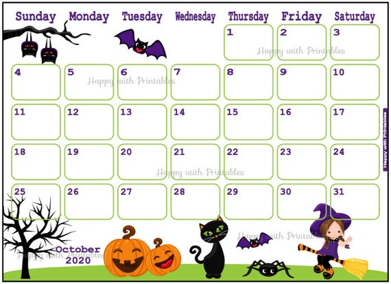 Calendar October 2020 Halloween Planner Printable girly | Etsy