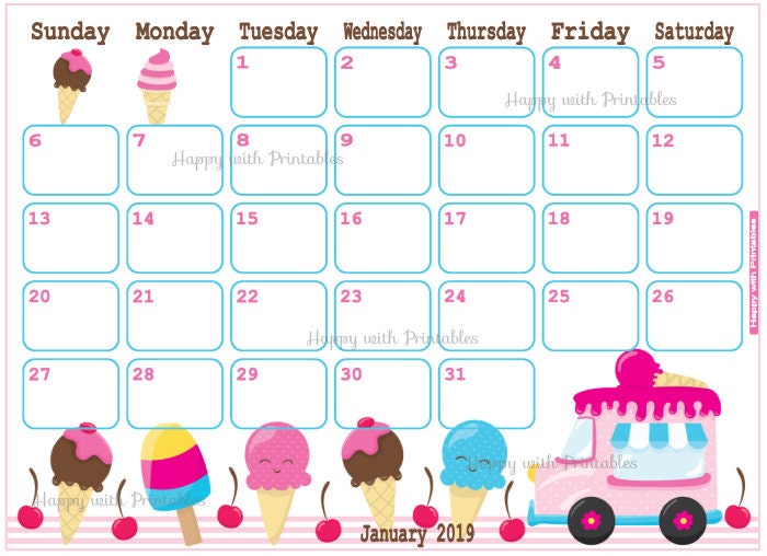 Calendar January 2019 Ice cream Planner Printable Cute Etsy