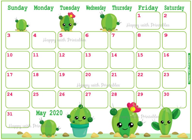 calendar may 2020 cute spring planner printable cactus etsy