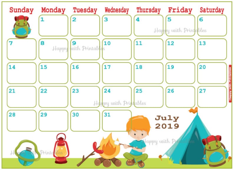 calendar july 2019 summer vacation planner printable cute