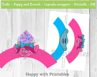 Trolls Cupcake wrappers - Trolls wrappers - Poppy Cupcake wrapper - Branch cupcake wrapper - Trolls printable - Trolls party printables