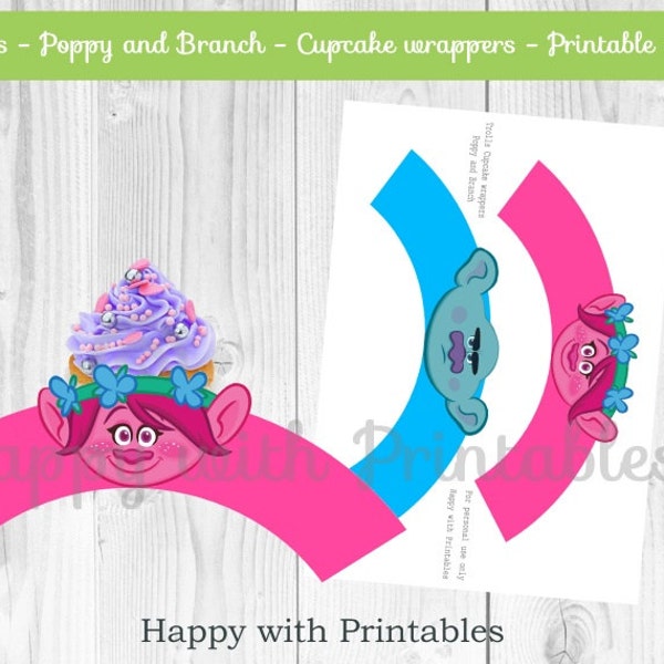 Trolls Cupcake wrappers - Trolls wrappers - Poppy Cupcake wrapper - Branch cupcake wrapper - Trolls printable - Trolls party printables