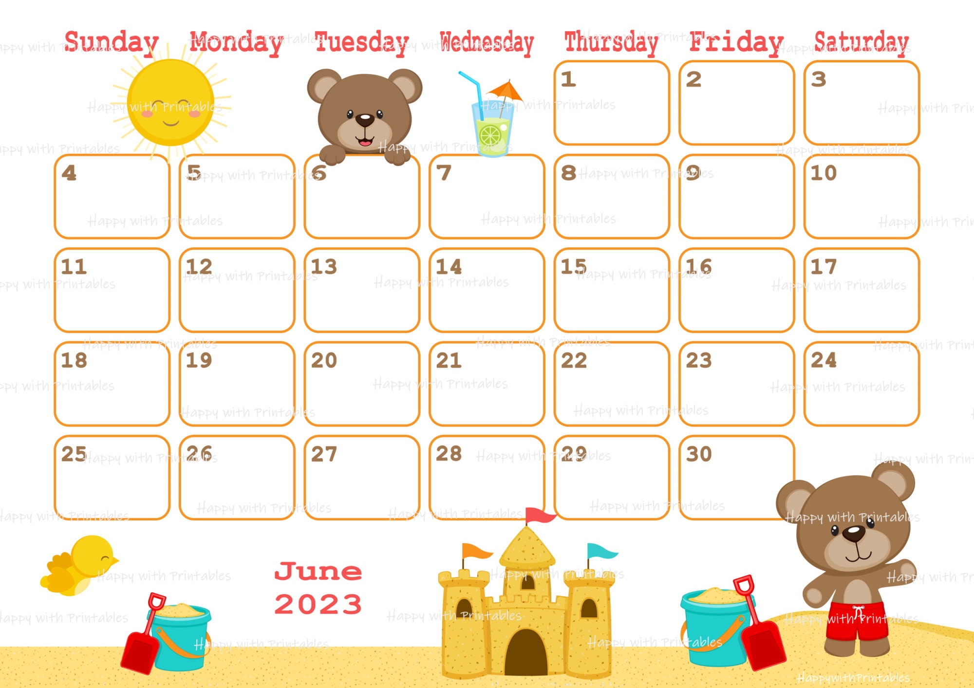 June 2023 Calendar Printable 2023 June Planner Beach Bears Etsy Canada