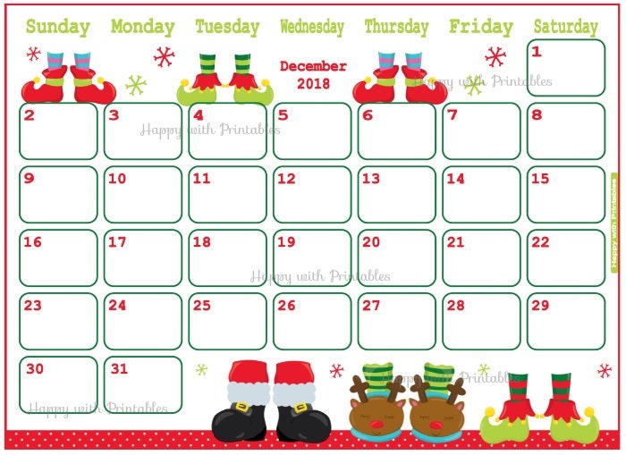 Calendar December 2018 Christmas Planner Printable Cute | Etsy