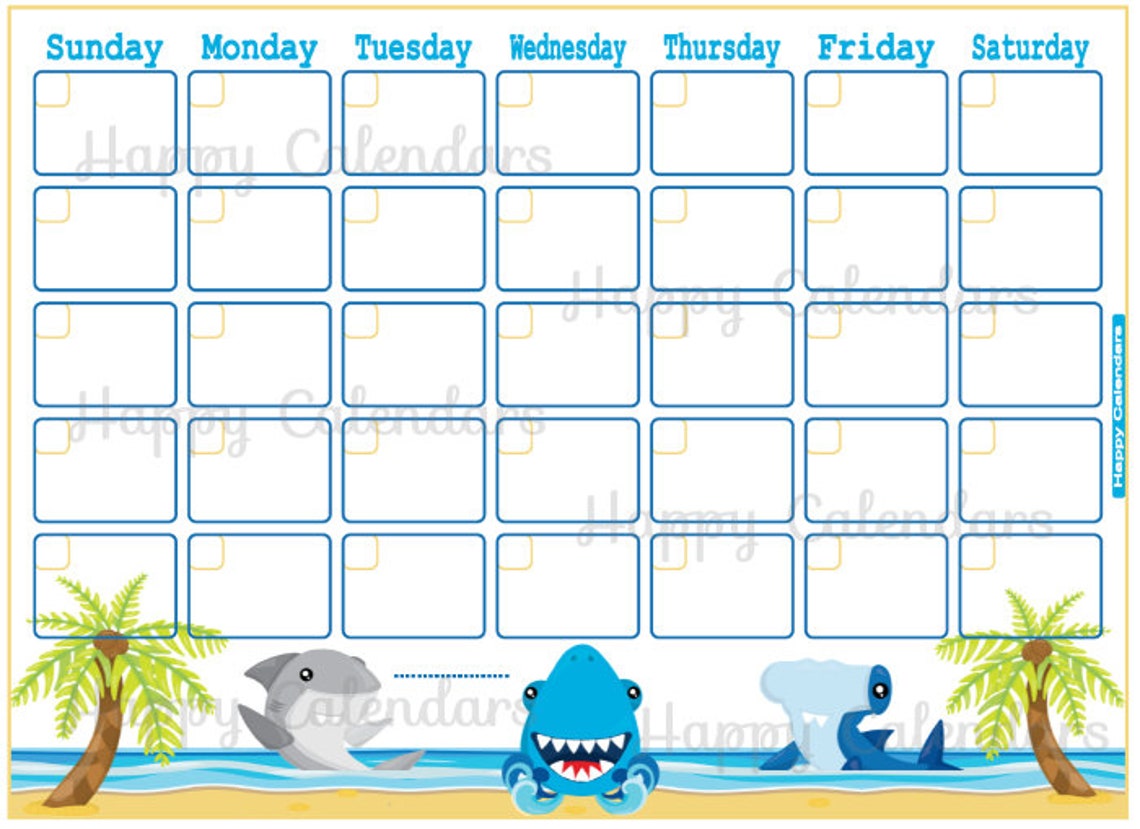 Blank Monthly Calendar Shark theme Beach Shark Planner Etsy