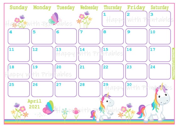 Calendar April 2021 Unicorn Theme Planner Printable Cute Etsy