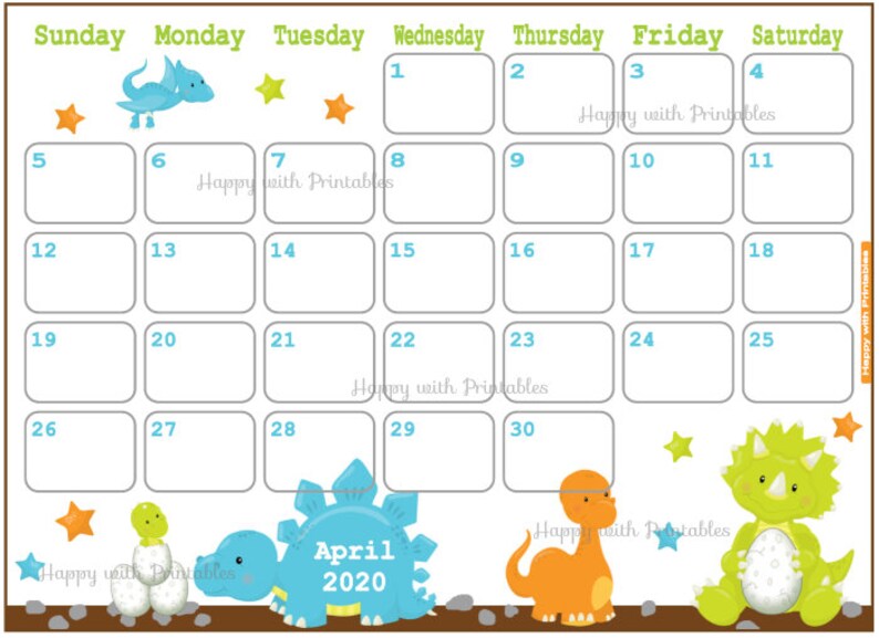 Calendar April 2020 Dinosaur Planner Printable animals | Etsy