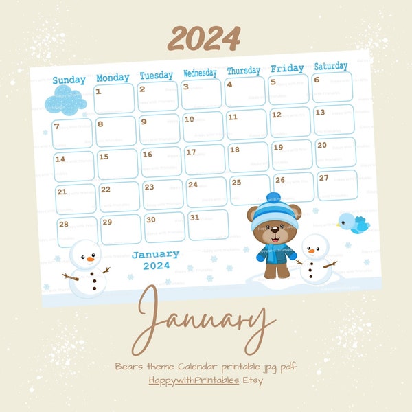 January 2024 Calendar printable - 2024 January Planner - Winter Bears - BEARS theme Planner - Cute 2024 - Download monthly - pdf - jpg
