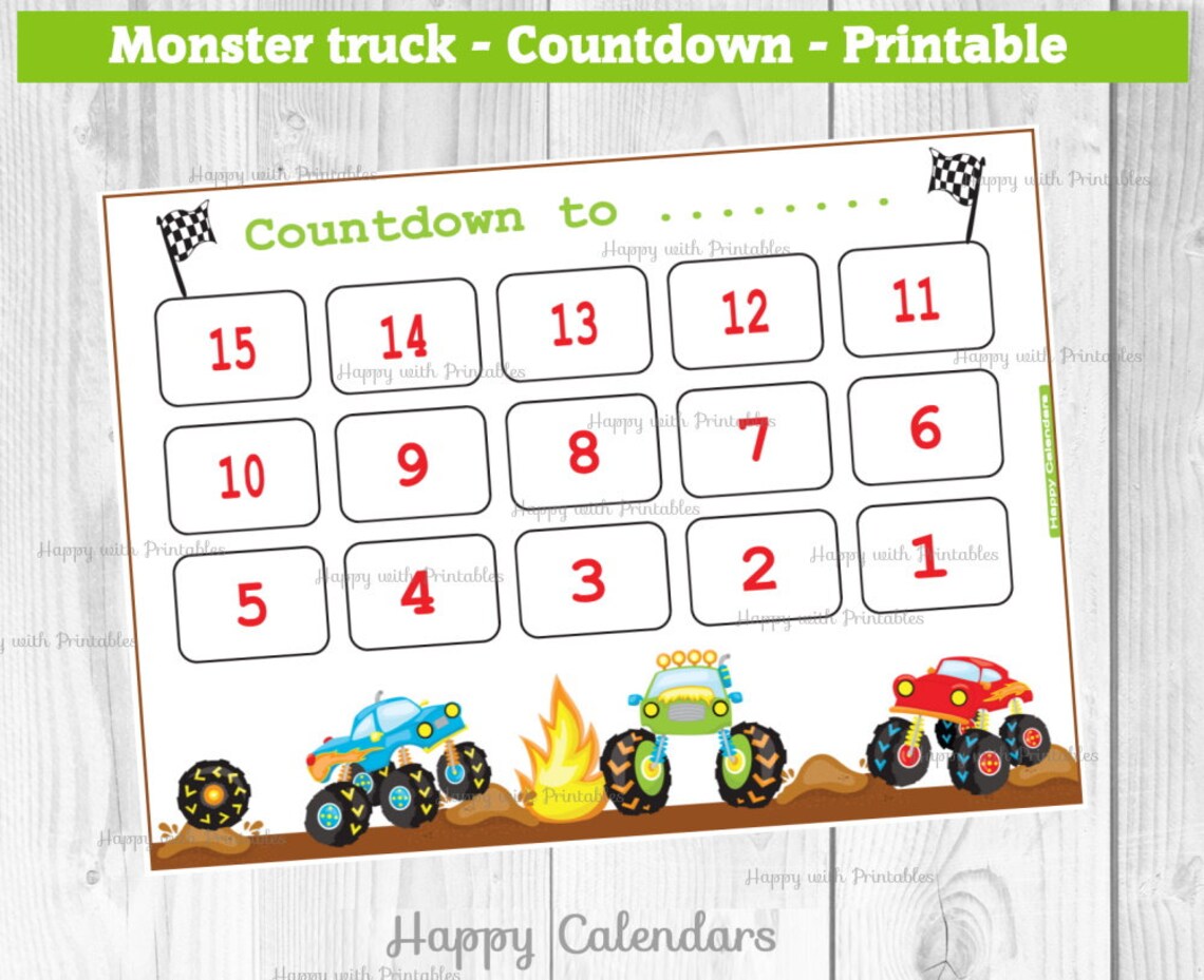 Countdown Calendar Monster Trucks Theme Countdown Printable Etsy