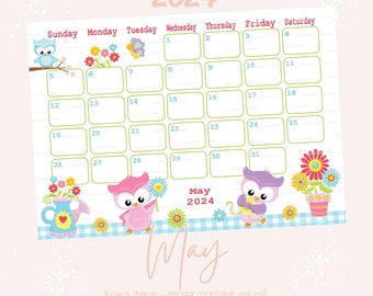 May Calendar printable 2024 - 2024 May kawaii Planner - Cute Planner - KAWAII theme Planner - Owls Download monthly - pdf - jpg