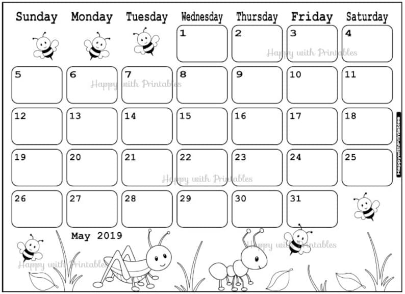 Calendar May 2019 Coloring page Planner Printable Bugs | Etsy