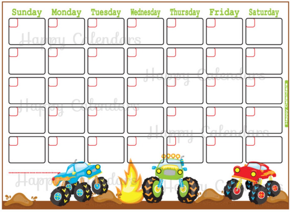 Blank Monthly Calendar Monster Trucks Theme Cute Planner Etsy Denmark