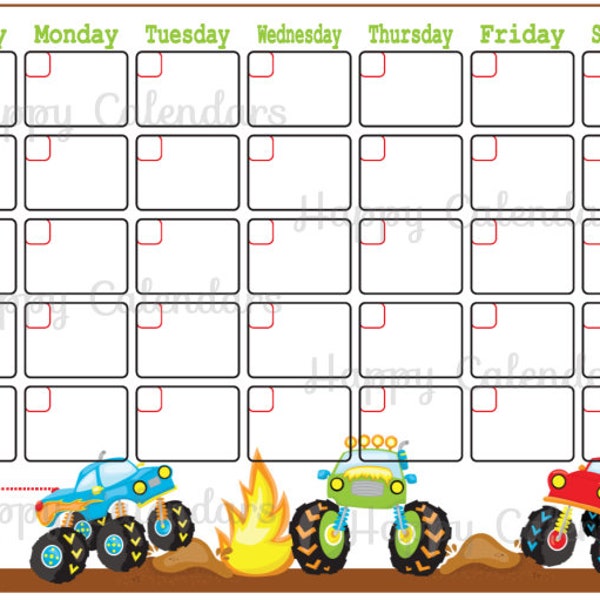 Blank Monthly Calendar Monster trucks theme - Cute Planner Printable - Cute no dates Planner - Theme Planner - Cute Big Cars Calendar blank