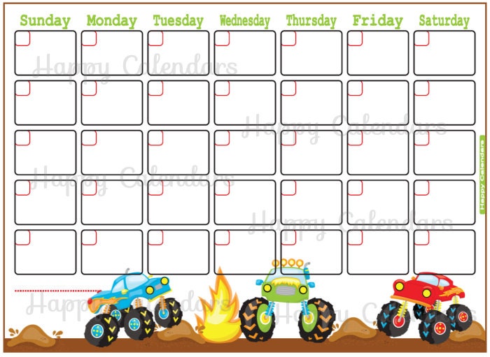 Blank Monthly Calendar Monster Trucks Theme Cute Planner Etsy Denmark