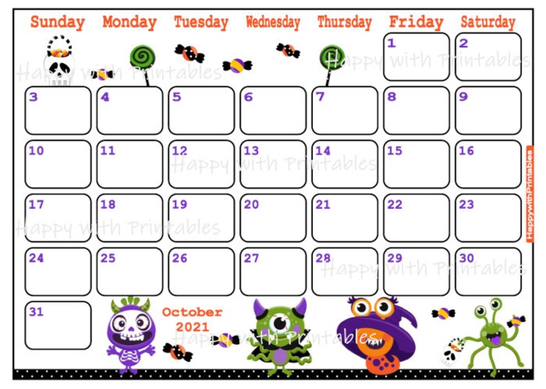 Calendar October 2021 Halloween theme Planner Printable | Etsy
