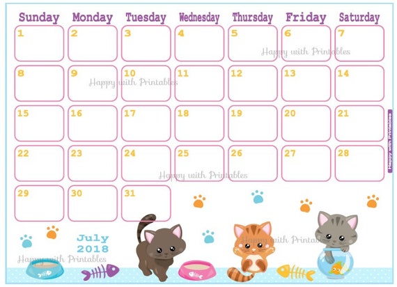 Calendar July 2018 Cute Cats Planner Printable Cute Calendar July 2018 Cute Cats Planner Printable Cute